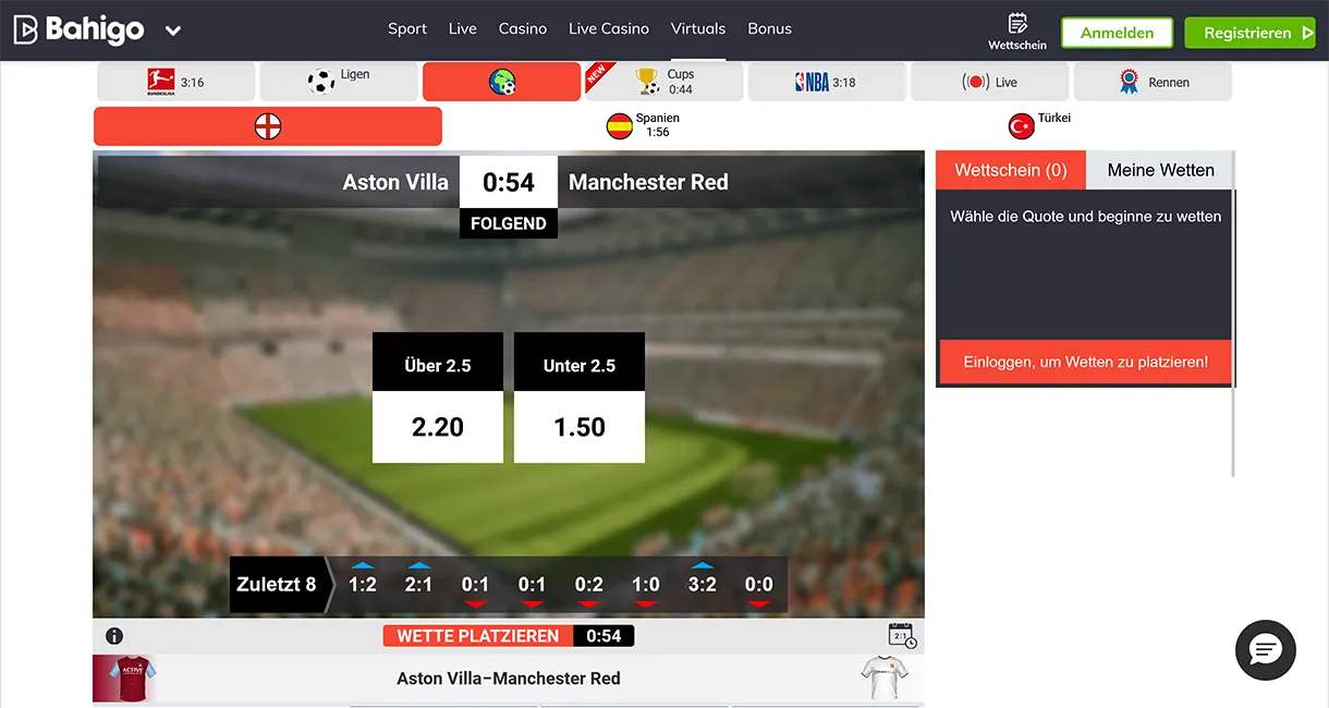 Bahigo Live-Wette Aston Villa gegen Manchester Red mit Quoten für Endstand, Halbzeit, Torsummen und richtiges Ergebnis