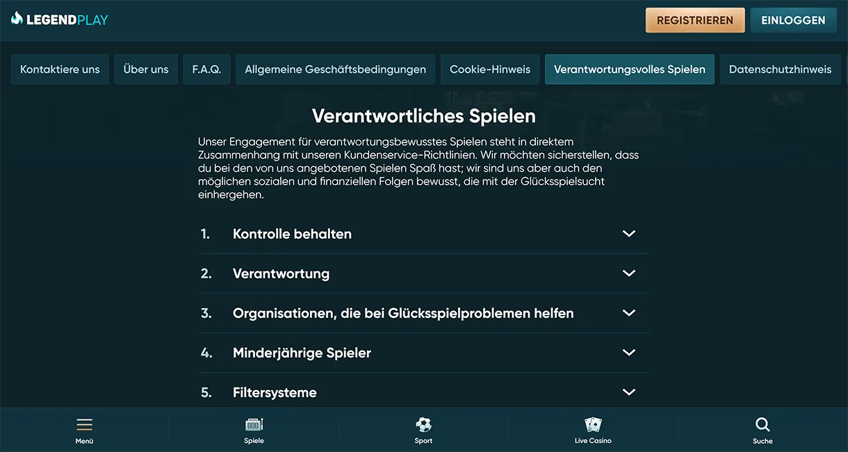 LegendPlay Seite Verantwortliches Spielen mit Abschnitten zu Kontrolle, Verantwortung, Hilfsorganisationen, minderjährigen Spielern und Filtersystemen